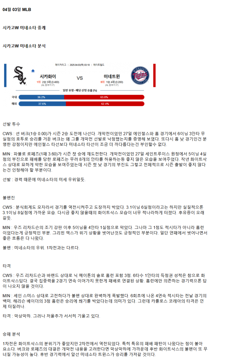 2025년 04월 03일 시카고W 미네소타 MLB 중계 및 분석 올스티비