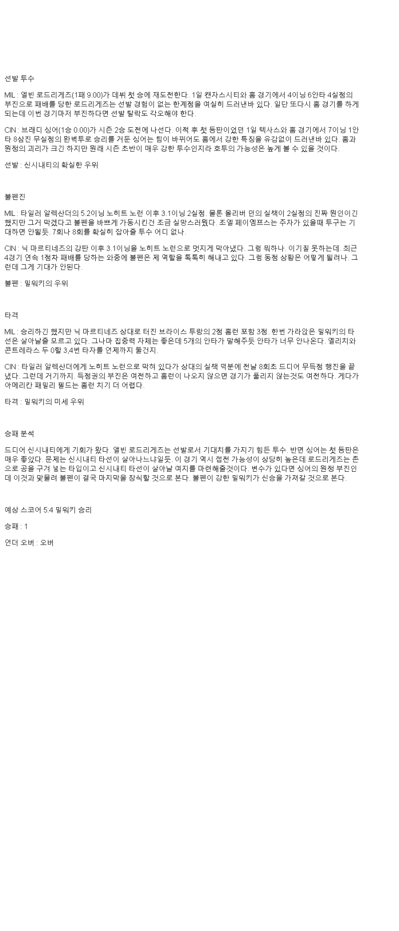2025년 04월 06일 밀워키 신시내티 해외야구 분석 및 중계 올스티비