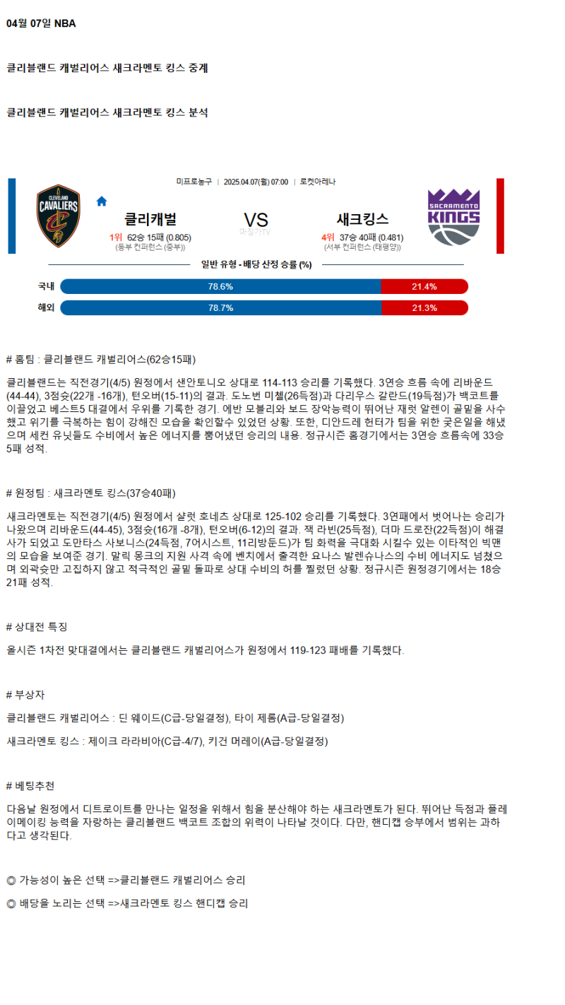 2025년 04월 07일 클리블랜드 새크라멘토 NBA 분석 및 중계 올스티비