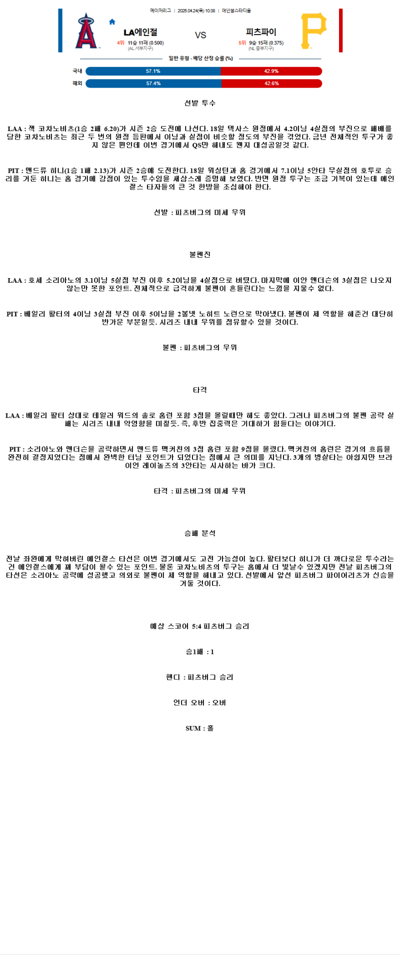 2025년 04월 24일 LA에인절스 피츠버그 미국야구 분석 및 중계 올스티비