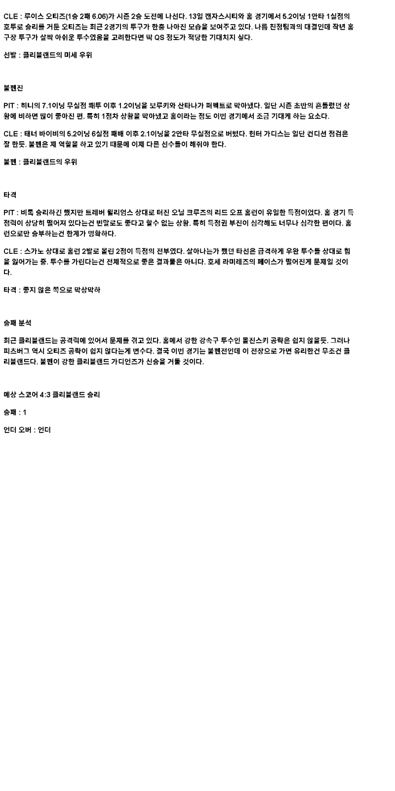 2025년 04월 19일 피츠버그 클리블랜드 미국야구 분석 및 중계 올스티비