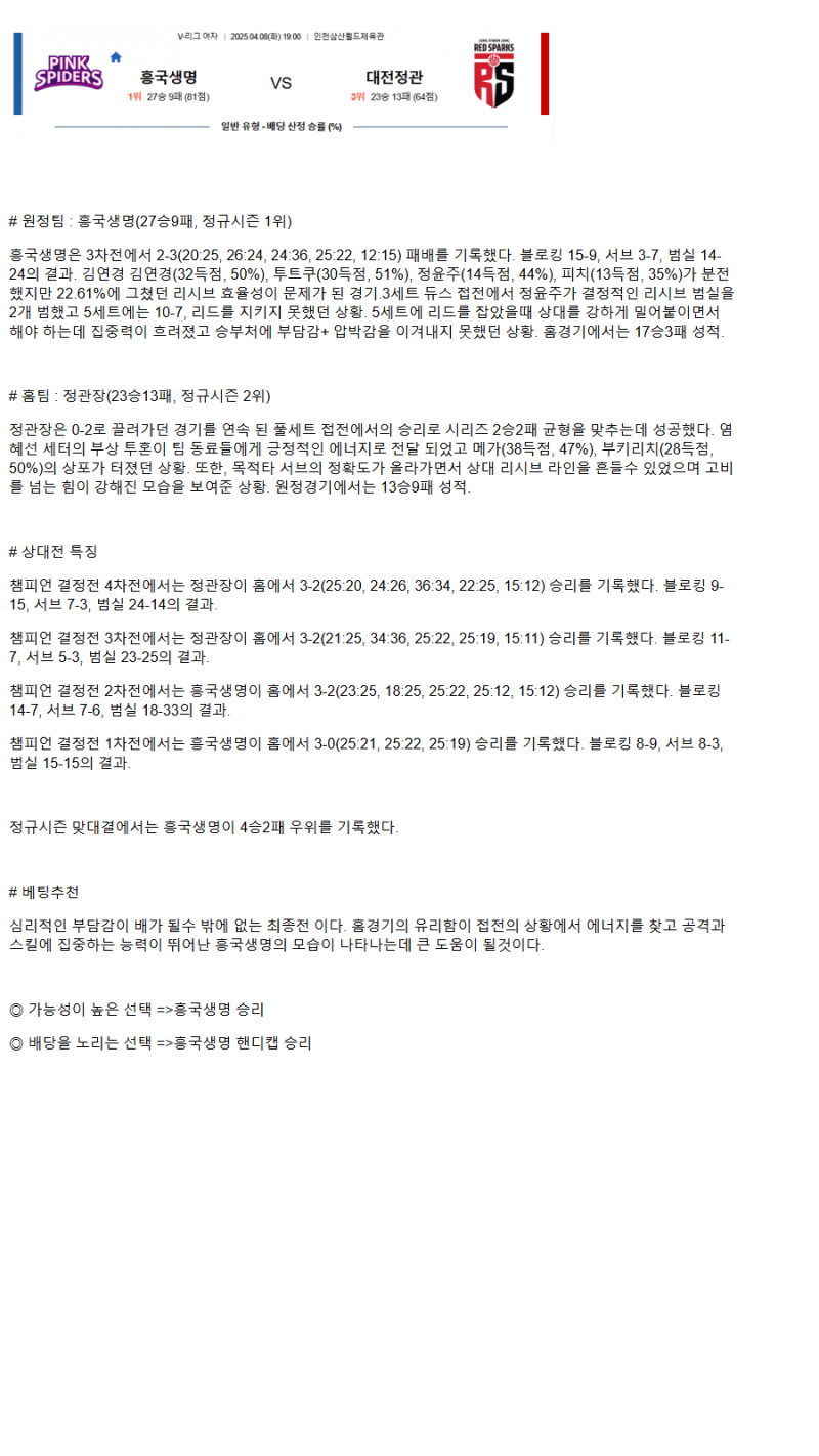 2025년 04월 08일 흥국생명 정관장 배구 분석 및 중계 올스티비