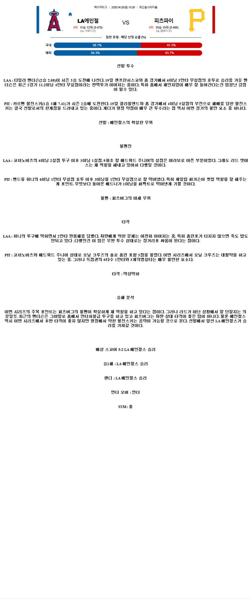 2025년 04월 25일 LA에인절스 피츠버그 미국야구 중계 및 분석 올스티비