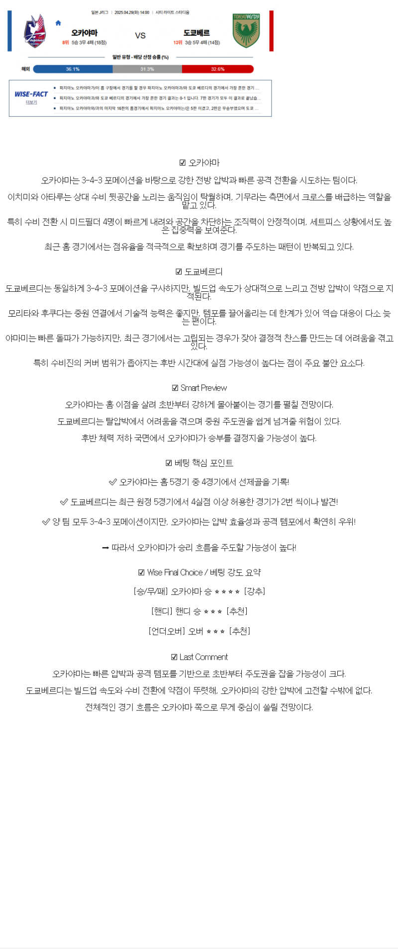 2025년 04월 29일 파지아노 도쿄 베르디 해외스포츠 분석 및 중계 올스티비