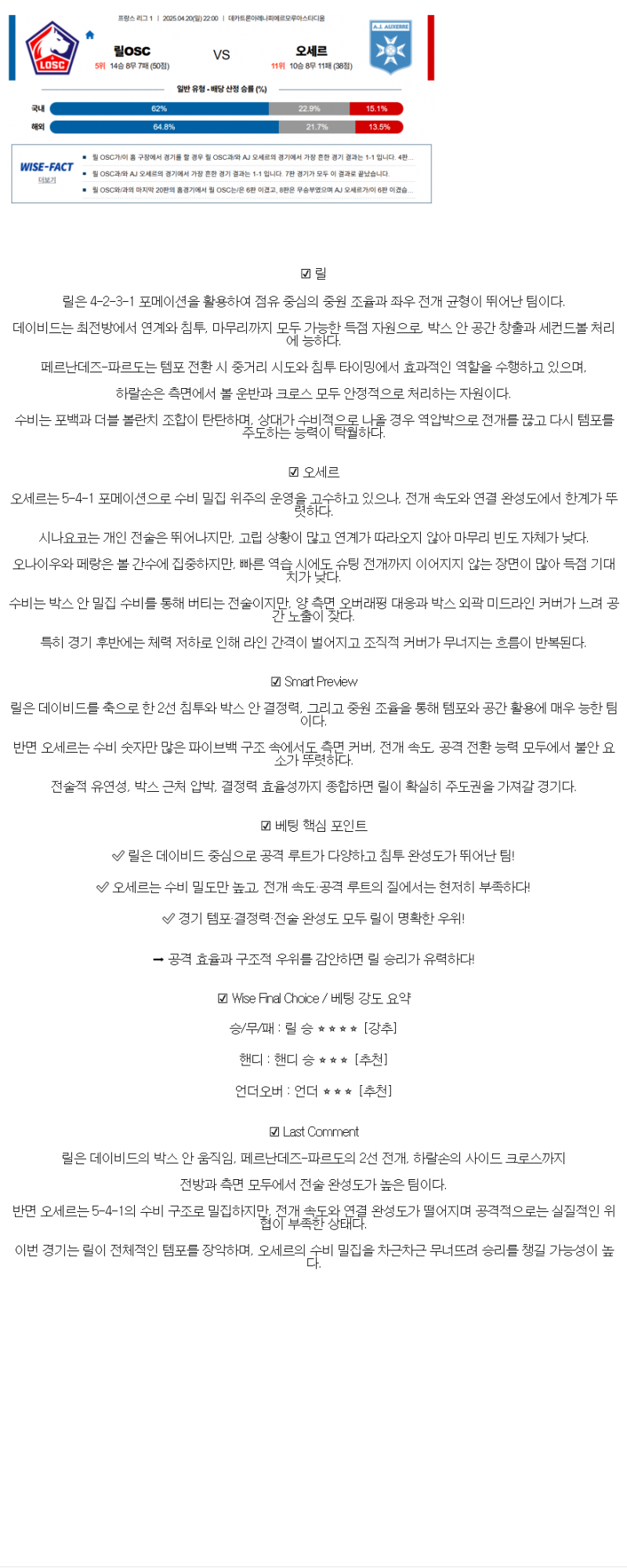 2025년 04월 20일 릴 오세르 스포츠 중계 및 분석 올스티비