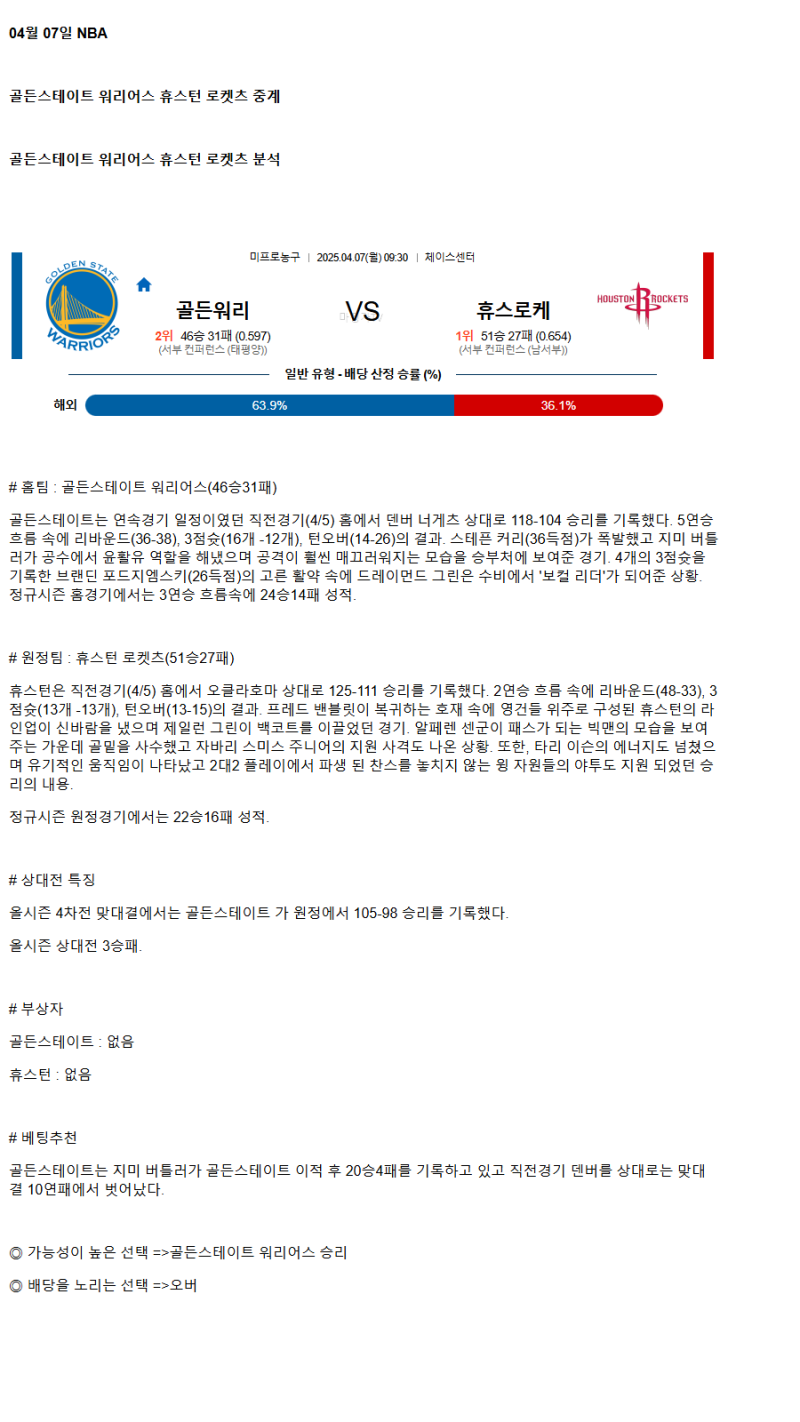 2025년 04월 07일 골든스테이트 휴스턴 미국농구 중계 및 분석 올스티비