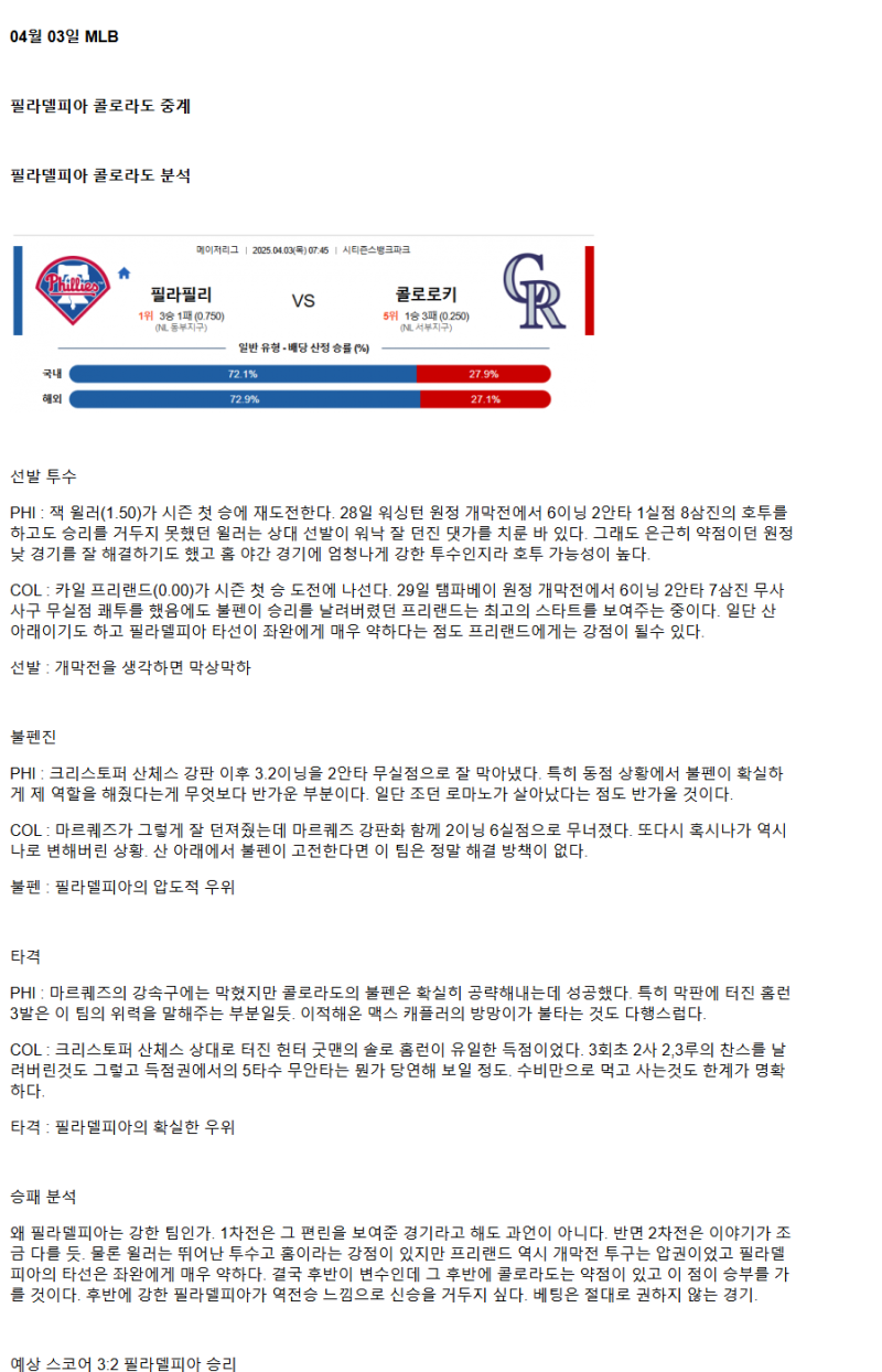 2025년 04월 03일 필라델피아 콜로라도 해외야구 분석 및 중계 올스티비