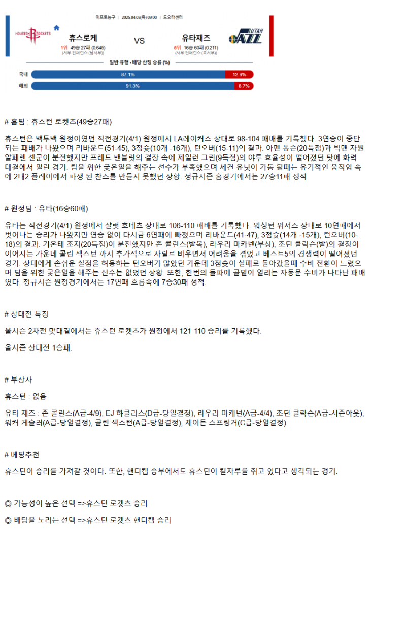 2025년 04월 03일 휴스턴 유타 NBA 분석 및 중계 올스티비