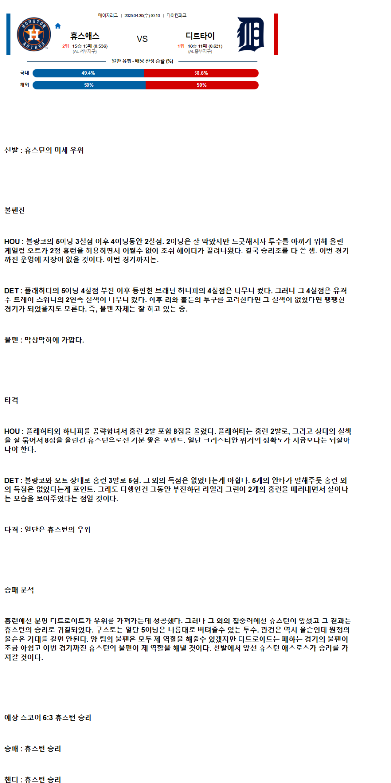 2025년 04월 30일 휴스턴 디트로이트 MLB 중계 및 분석 올스티비