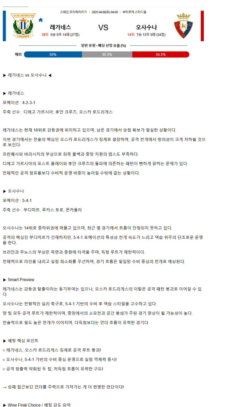 2025년 04월 08일 레가네스 오사수나 해외축구 분석 및 중계 올스티비