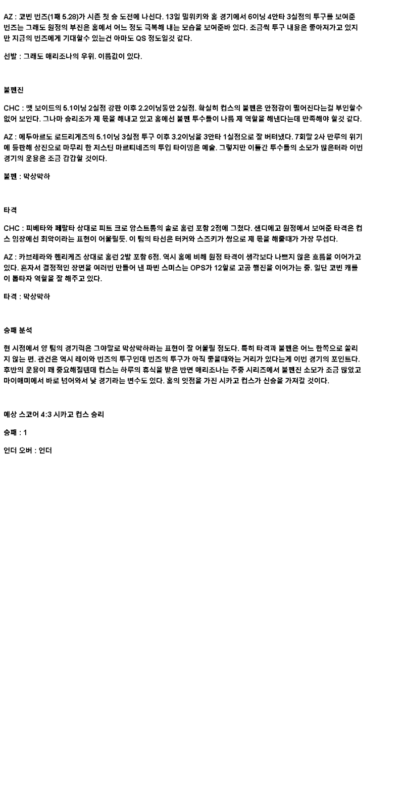 2025년 04월 19일 시카고컵스 애리조나 미국야구 분석 및 중계 올스티비