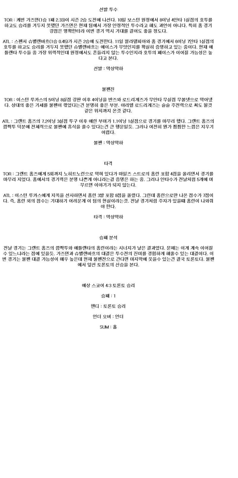 2025년 04월 16일 토론토 애틀랜타 미국야구 분석 및 중계 올스티비