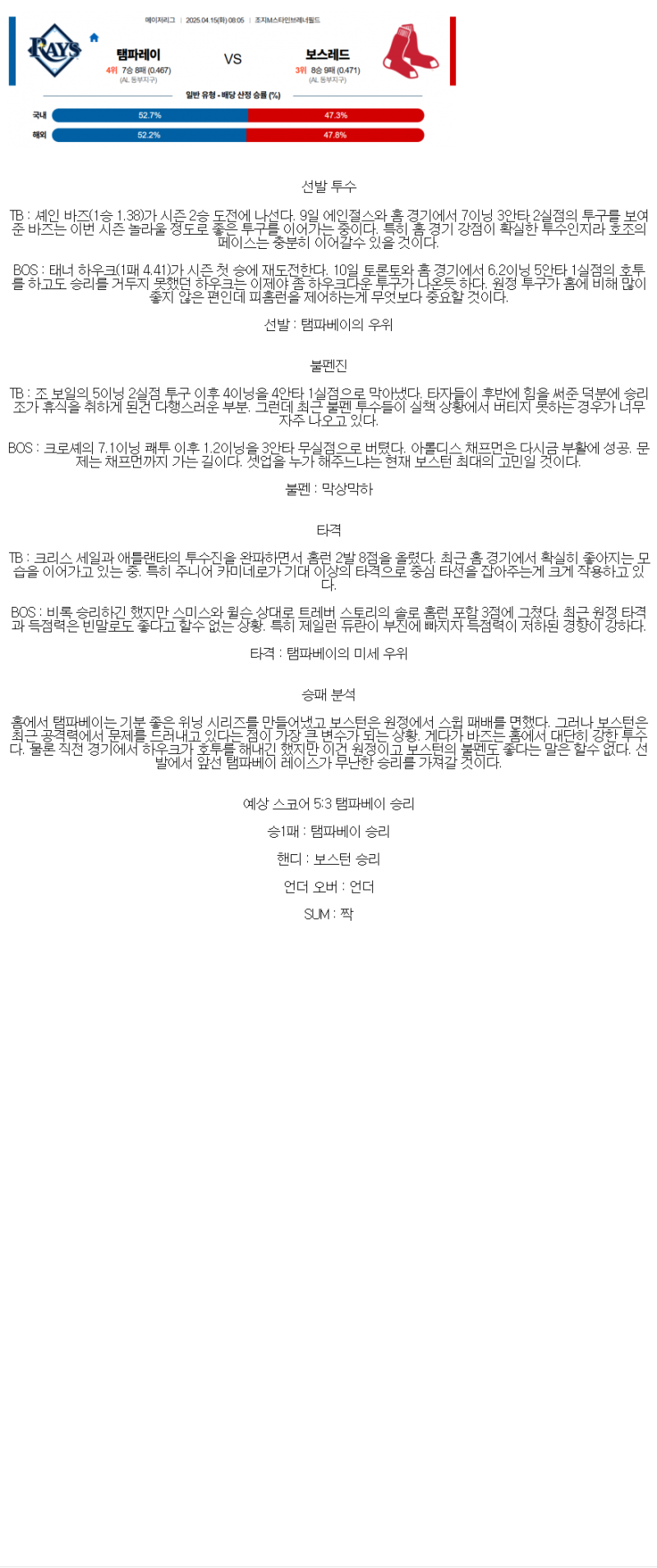 2025년 04월 15일 탬파베이 보스턴 MLB 분석 및 중계 올스티비