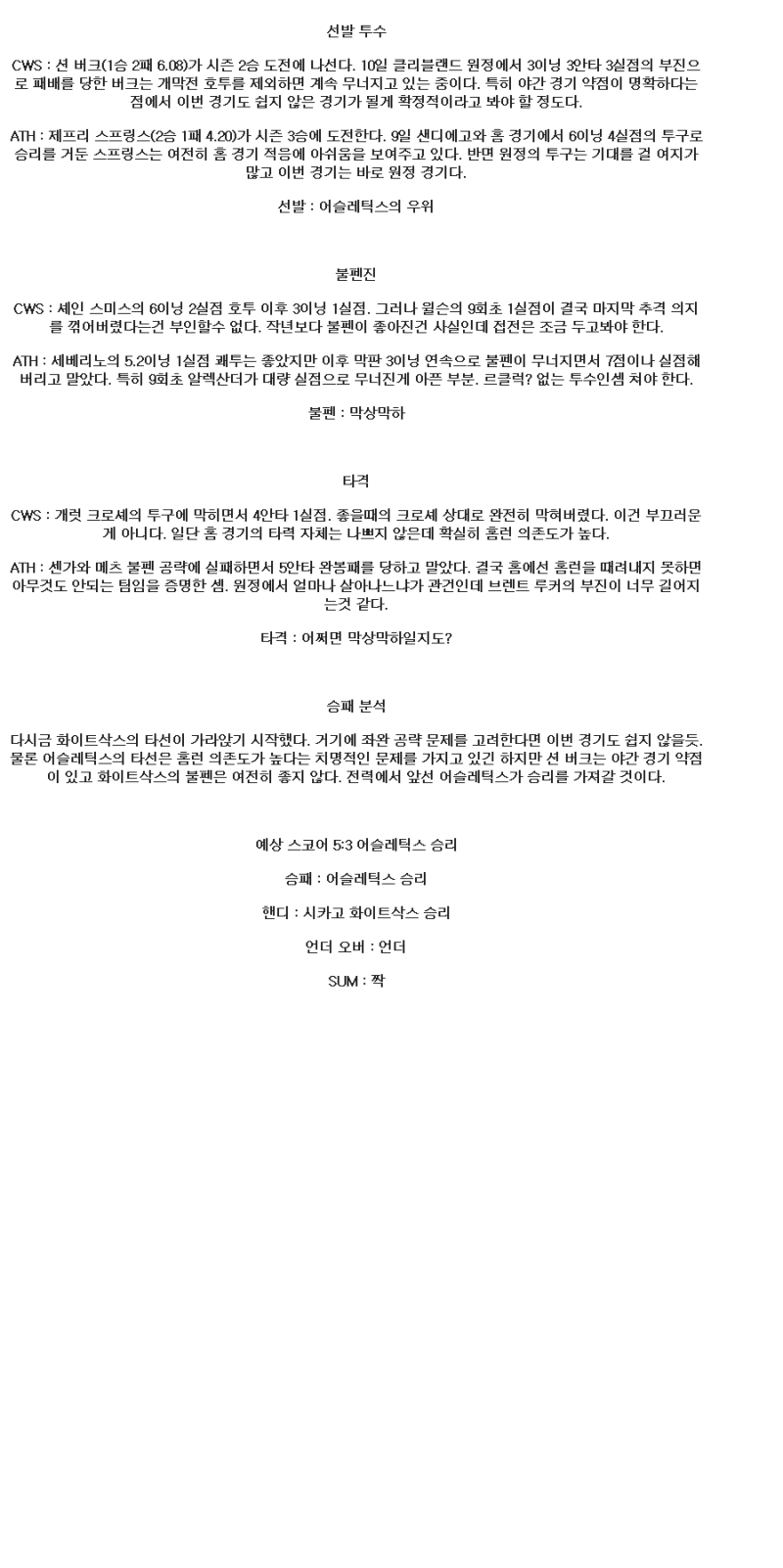 2025년 04월 16일 시카고W 애슬레틱스 미국야구 분석 및 중계 올스티비