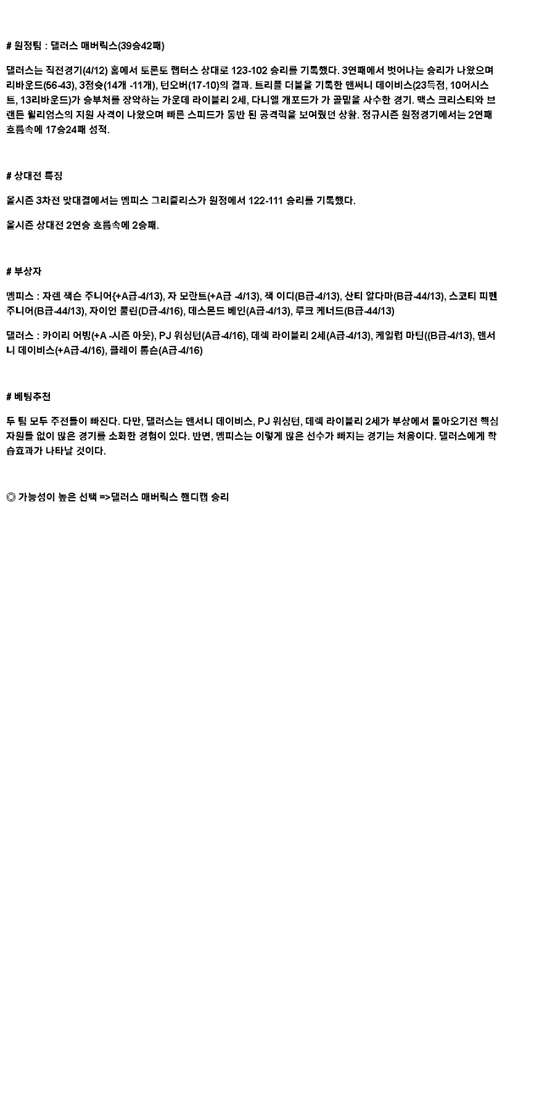 2025년 04월 14일 멤피스 댈러스 미국농구 분석 및 중계 올스티비