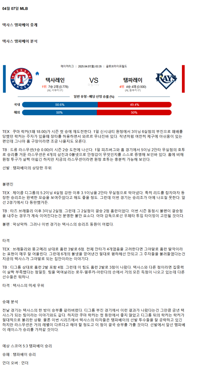 2025년 04월 07일 텍사스 탬파베이 MLB 중계 및 분석 올스티비