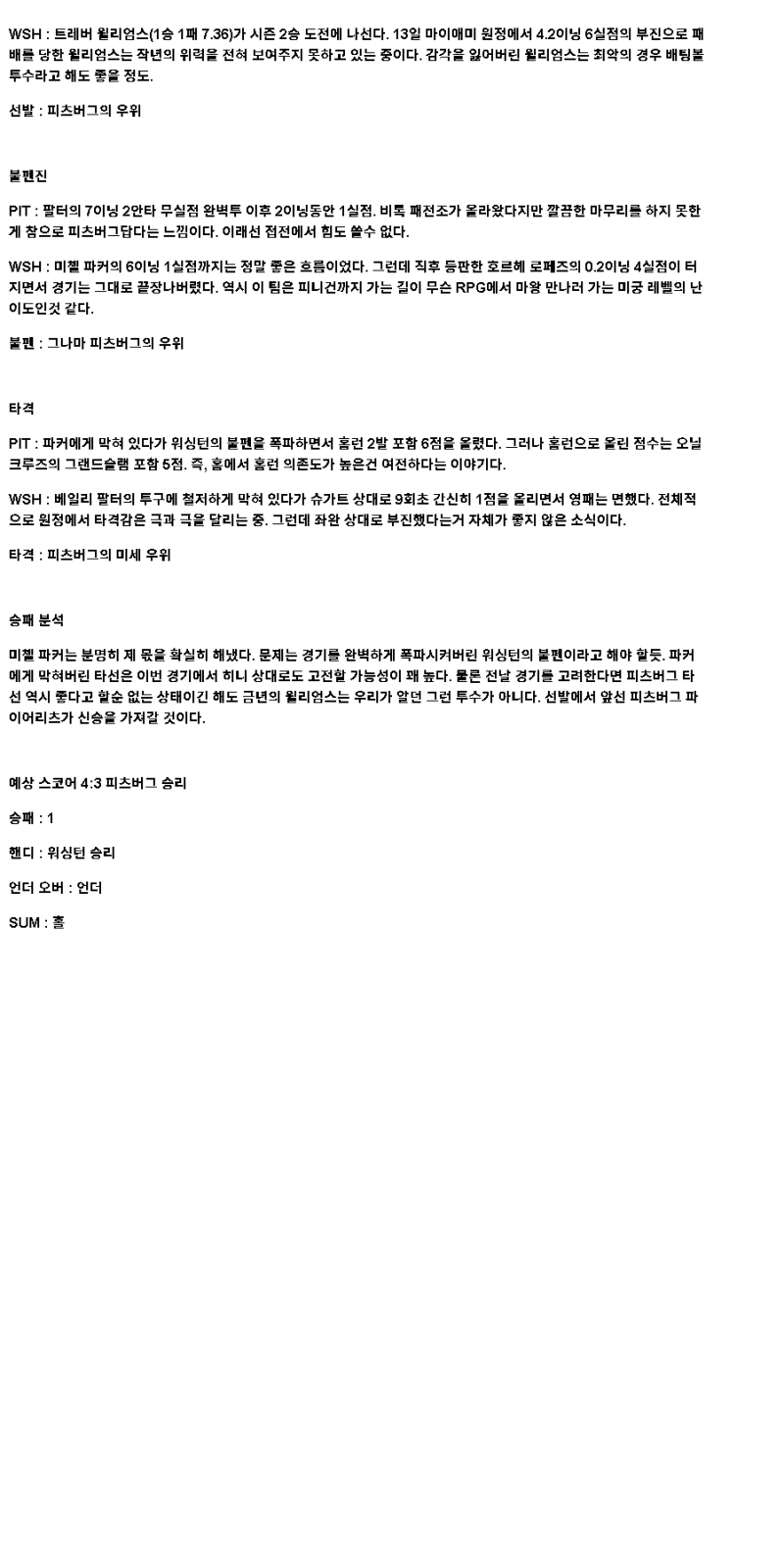 2025년 04월 18일 피츠버그 워싱턴 미국야구 중계 및 분석 올스티비