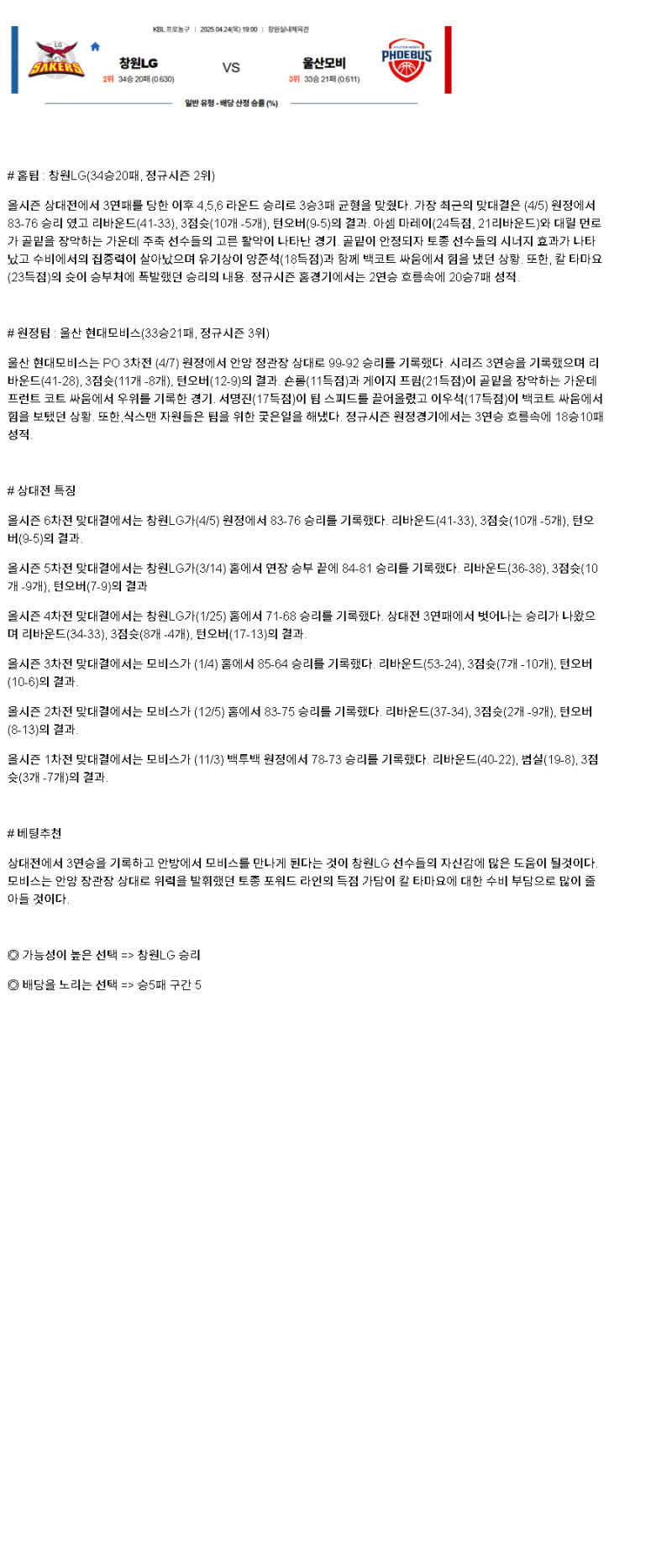 2025년 04월 24일 창원 LG 울산 현대모비스 KBL 올스티비