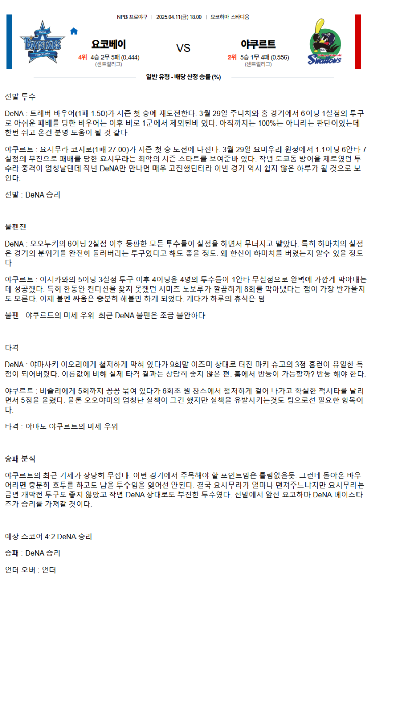 2025년 04월 11일 요코하마 야쿠르트 일본야구 중계 및 분석 올스티비
