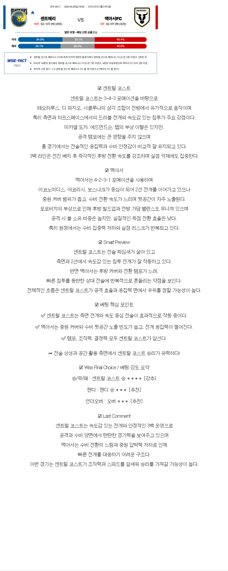2025년 04월 20일 센트럴 코스트 맥아서 FC 스포츠 분석 및 중계 올스티비