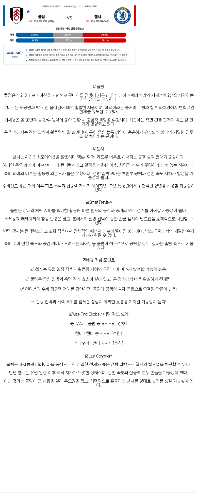 2025년 04월 20일 풀럼 첼시 스포츠 분석 및 중계 올스티비