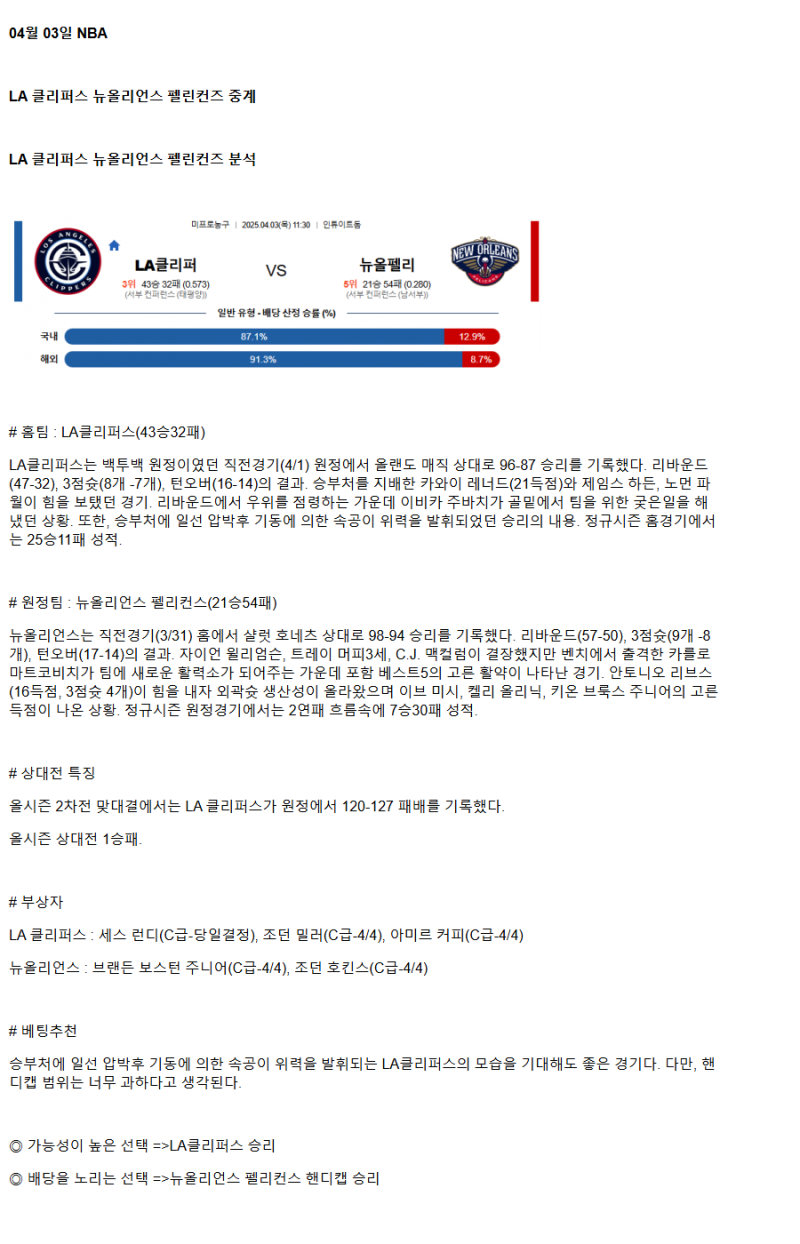 2025년 04월 03일 LA클리퍼스 뉴올리언즈 NBA 중계 및 분석 올스티비