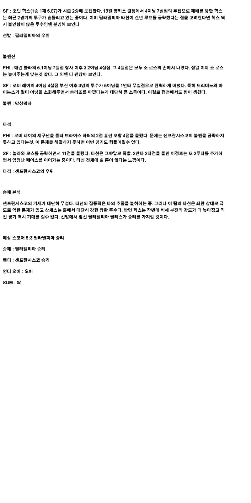 2025년 04월 18일 필라델피아 샌프란시스코 미국야구 중계 및 분석 올스티비