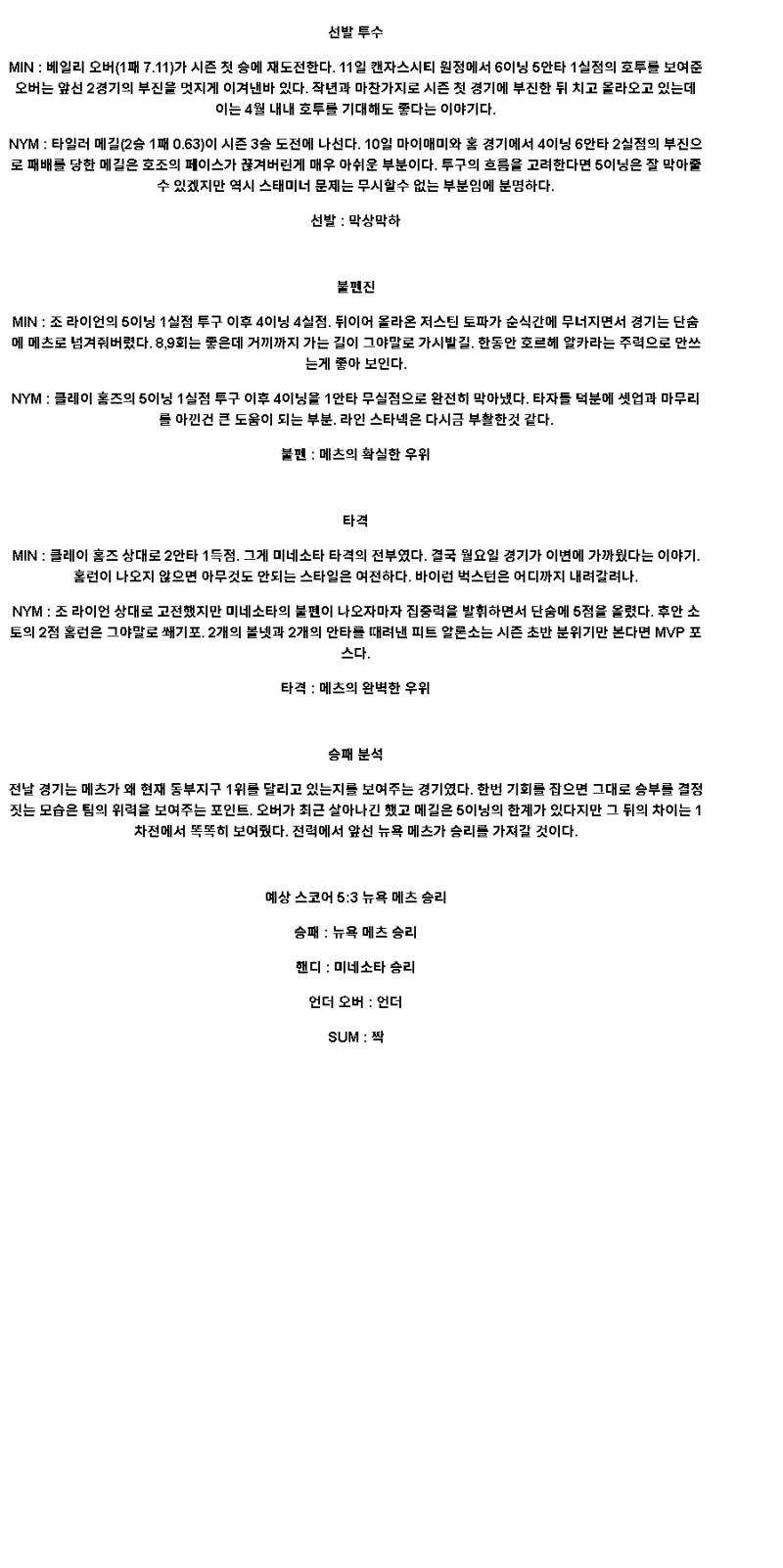 2025년 04월 16일 미네소타 뉴욕메츠 MLB 분석 및 중계 올스티비