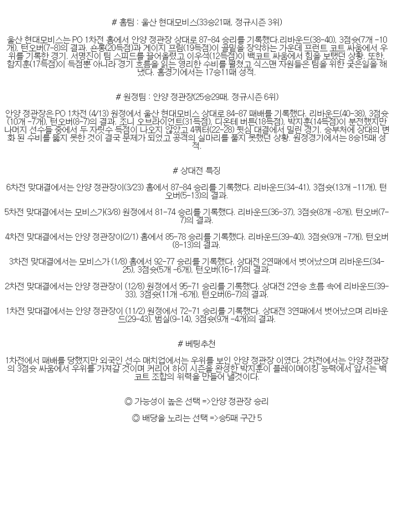 2025년 04월 15일 울산 현대모비스 안양 정관장 KBL 올스티비