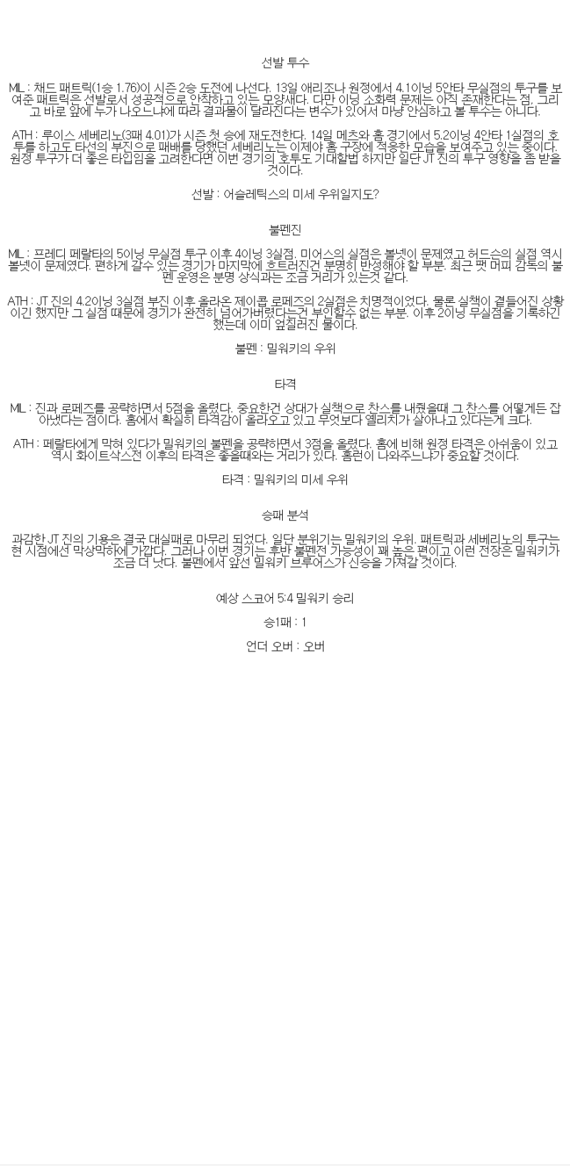 2025년 04월 20일 밀워키 애슬레틱스 MLB 분석 및 중계 올스티비