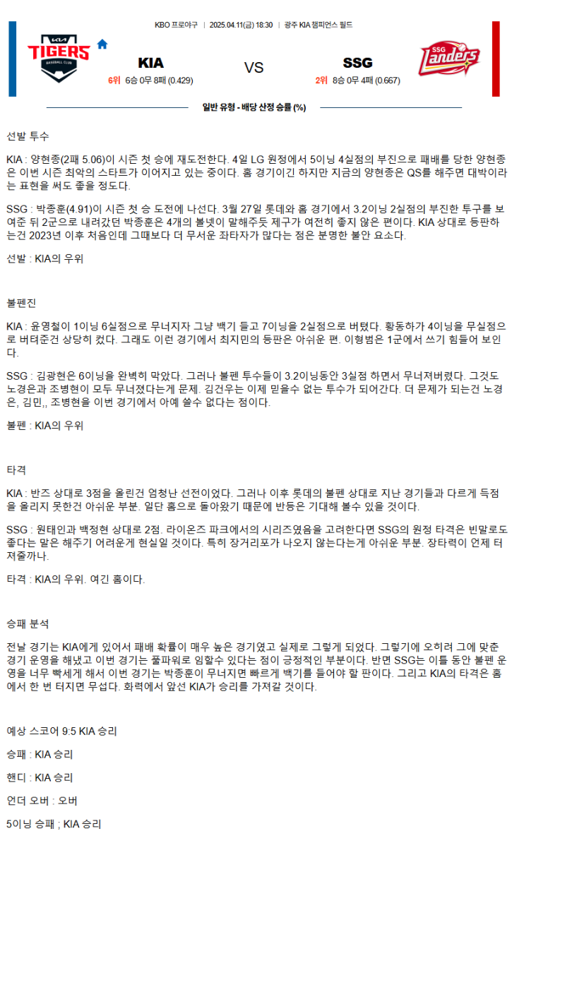 2025년 04월 11일 KIA SSG 한국야구 분석 및 중계 올스티비