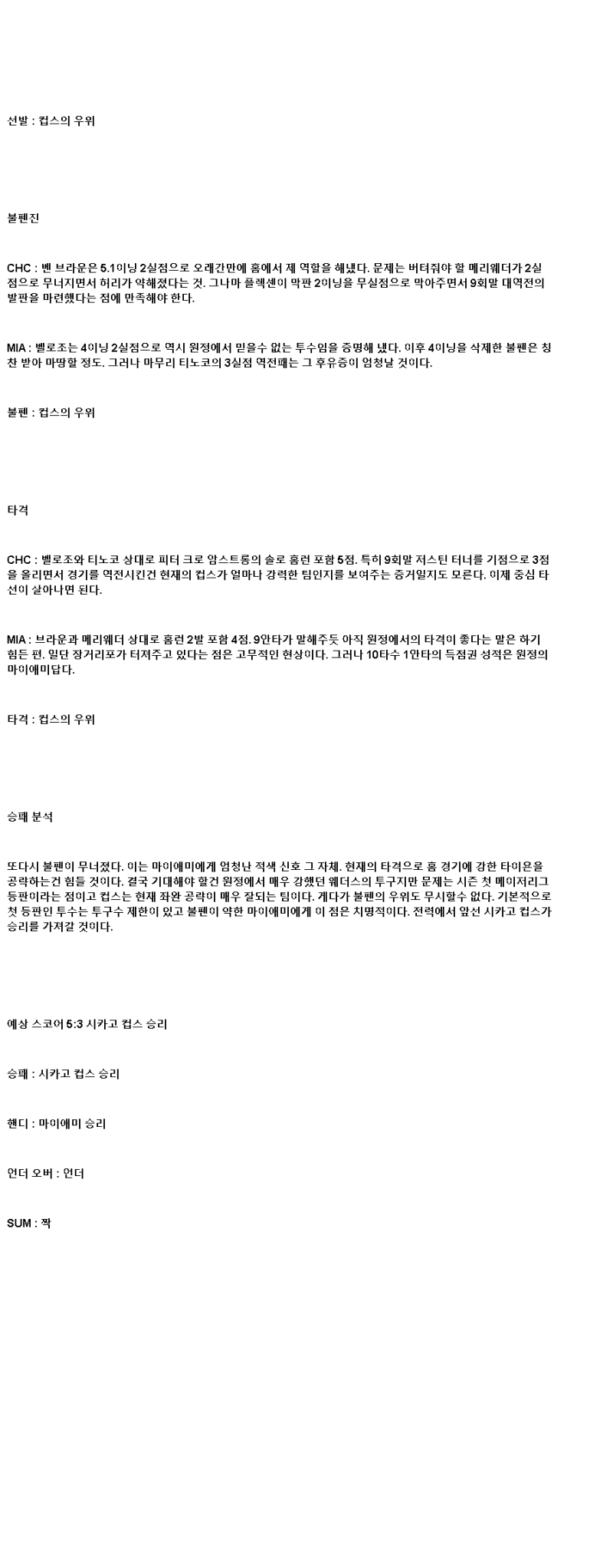 2025년 05월 15일 시카고컵스 마이애미 미국야구 중계 및 분석 올스티비