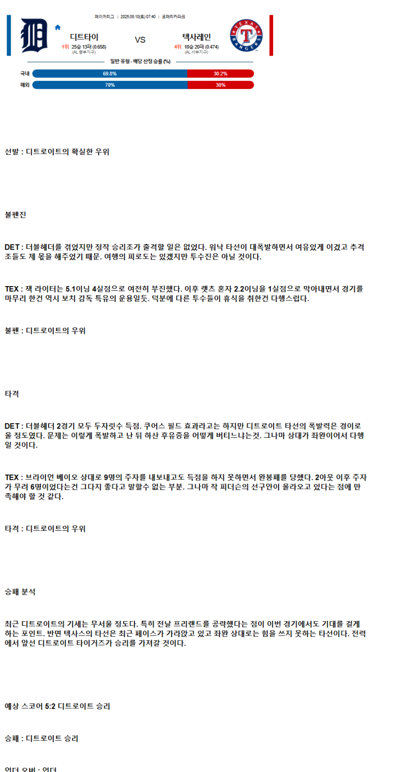 2025년 05월 10일 디트로이트 텍사스 해외야구 중계 및 분석 올스티비