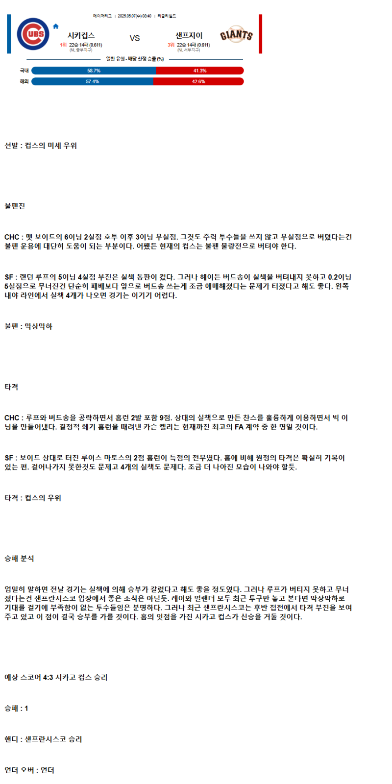 2025년 05월 07일 시카고컵스 샌프란시스코 야구 중계 및 분석 올스티비