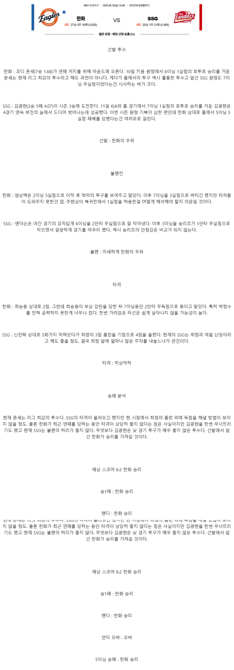 2025년 05월 17일 한화 SSG 국내야구 중계 및 분석 올스티비