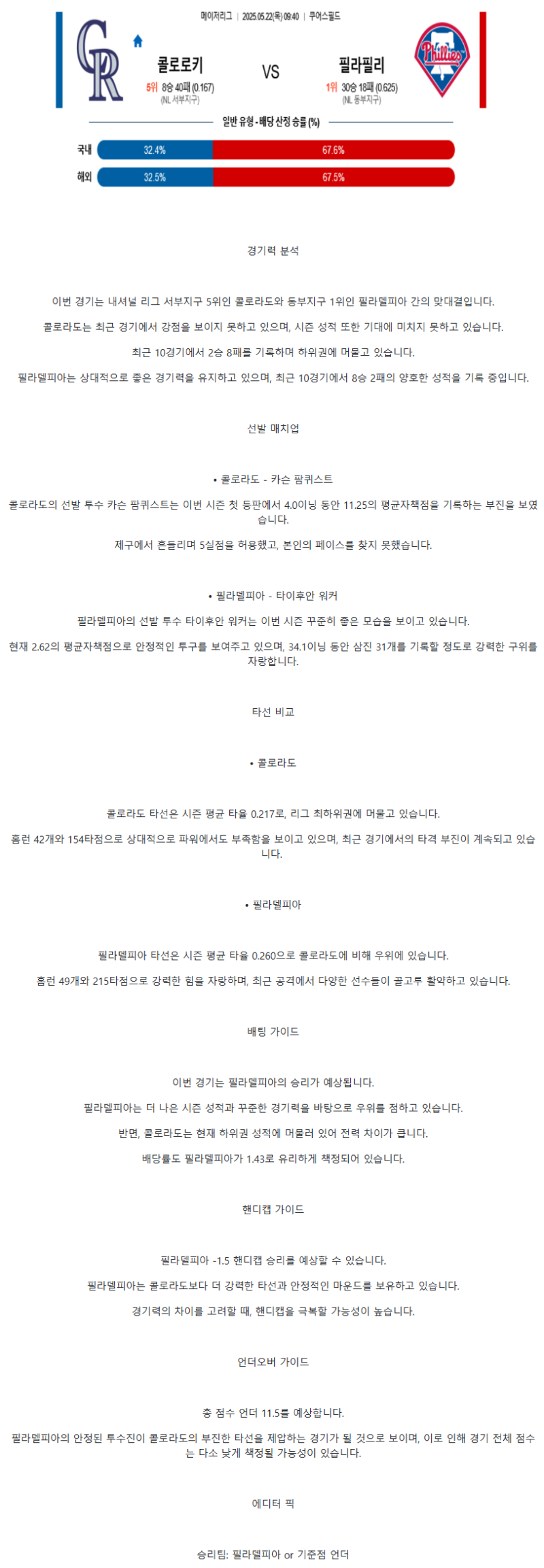 2025년 05월 22일 콜로라도 필라델피아 해외야구 분석 및 중계 올스티비