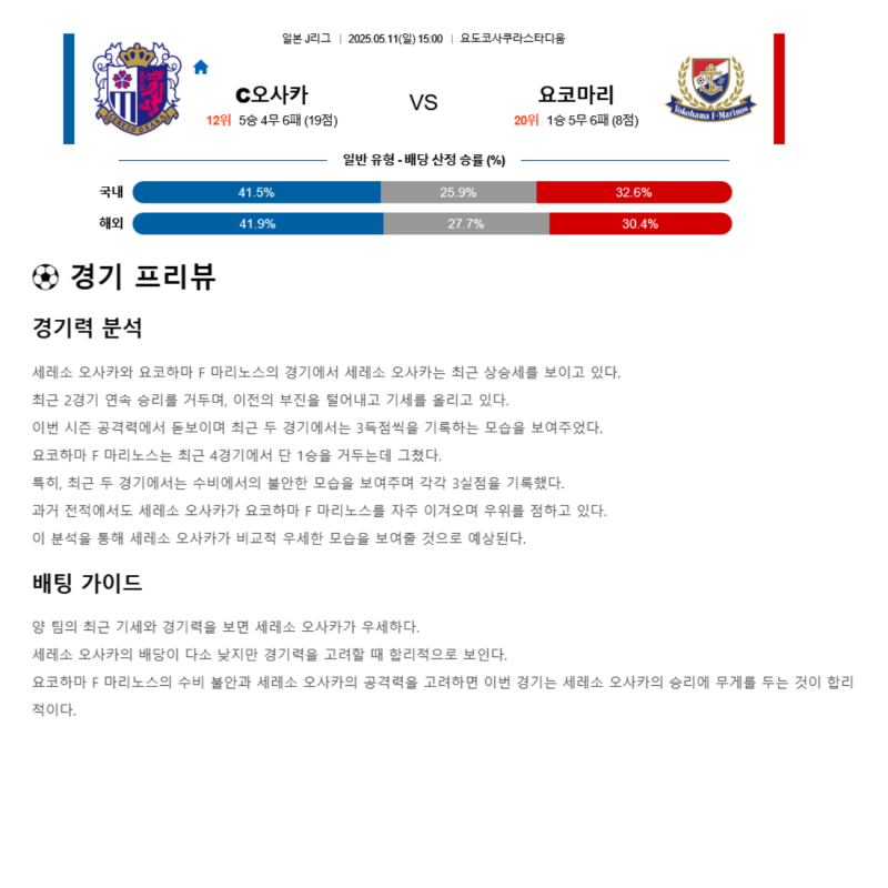 2025년 05월 11일 세레소 오사카 요코하마 F.M 해외축구 분석 및 중계 올스티비