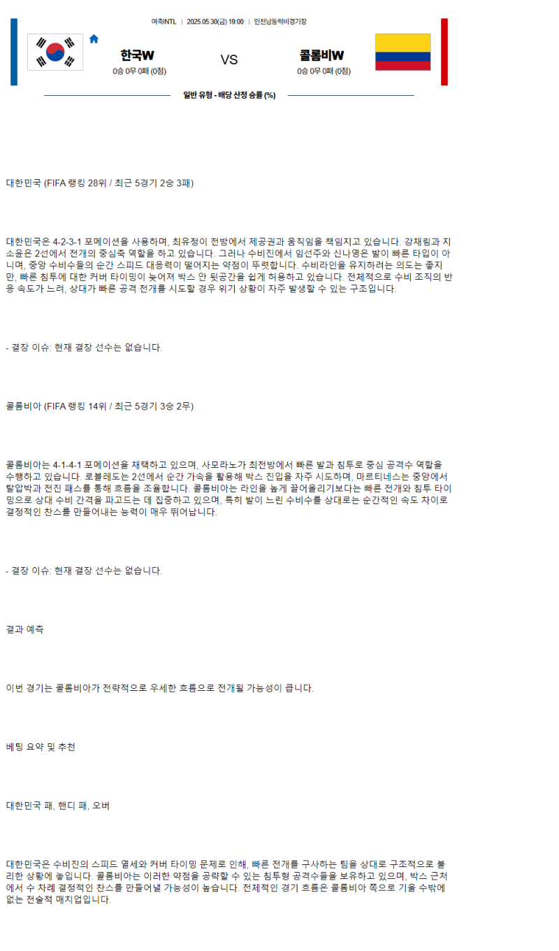 2025년 05월 30일 대한민국 콜롬비아 해외스포츠 중계 및 분석 올스티비