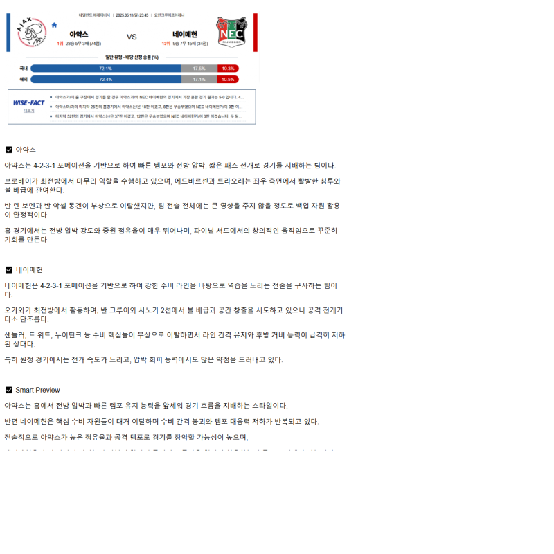 2025년 05월 11일 아약스 NEC 해외스포츠 중계 및 분석 올스티비