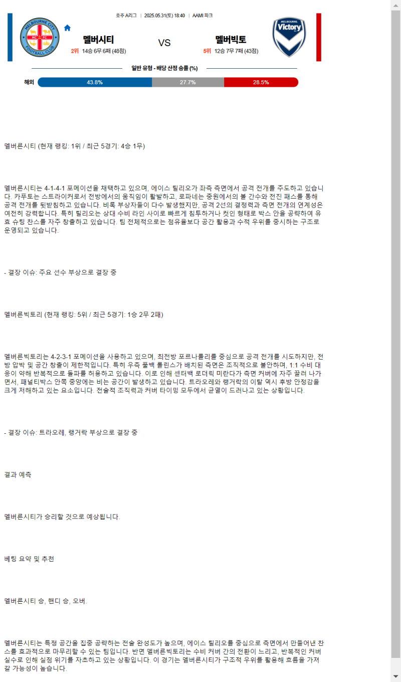 2025년 05월 31일 멜버른시티 멜버른빅토리 해외축구 중계 및 분석 올스티비