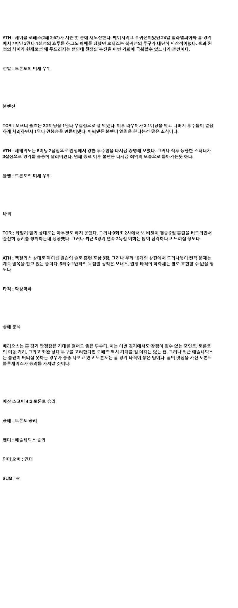 2025년 05월 30일 토론토 애슬레틱스 해외야구 중계 및 분석 올스티비