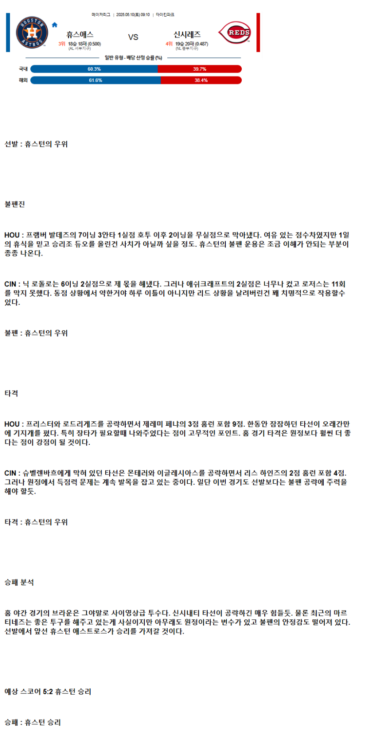 2025년 05월 10일 휴스턴 신시내티 MLB 분석 및 중계 올스티비