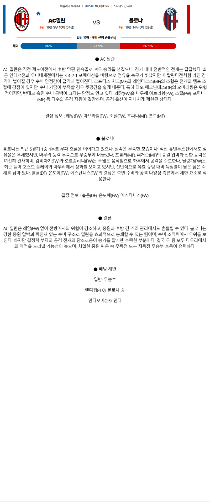 2025년 05월 10일 밀란 볼로냐 해외스포츠 분석 및 중계 올스티비