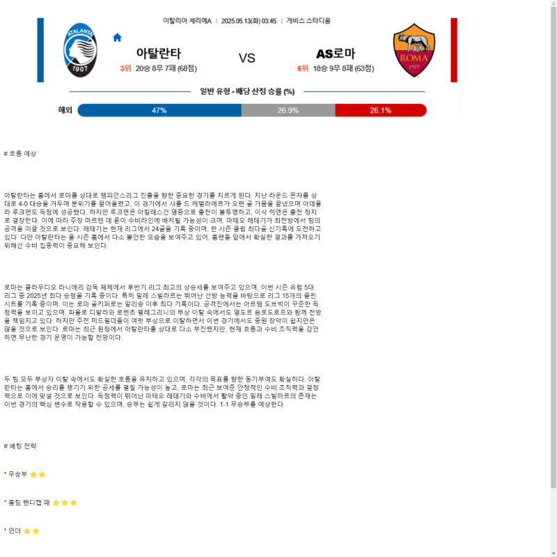 2025년 05월 13일 아탈란타 로마 스포츠 분석 및 중계 올스티비