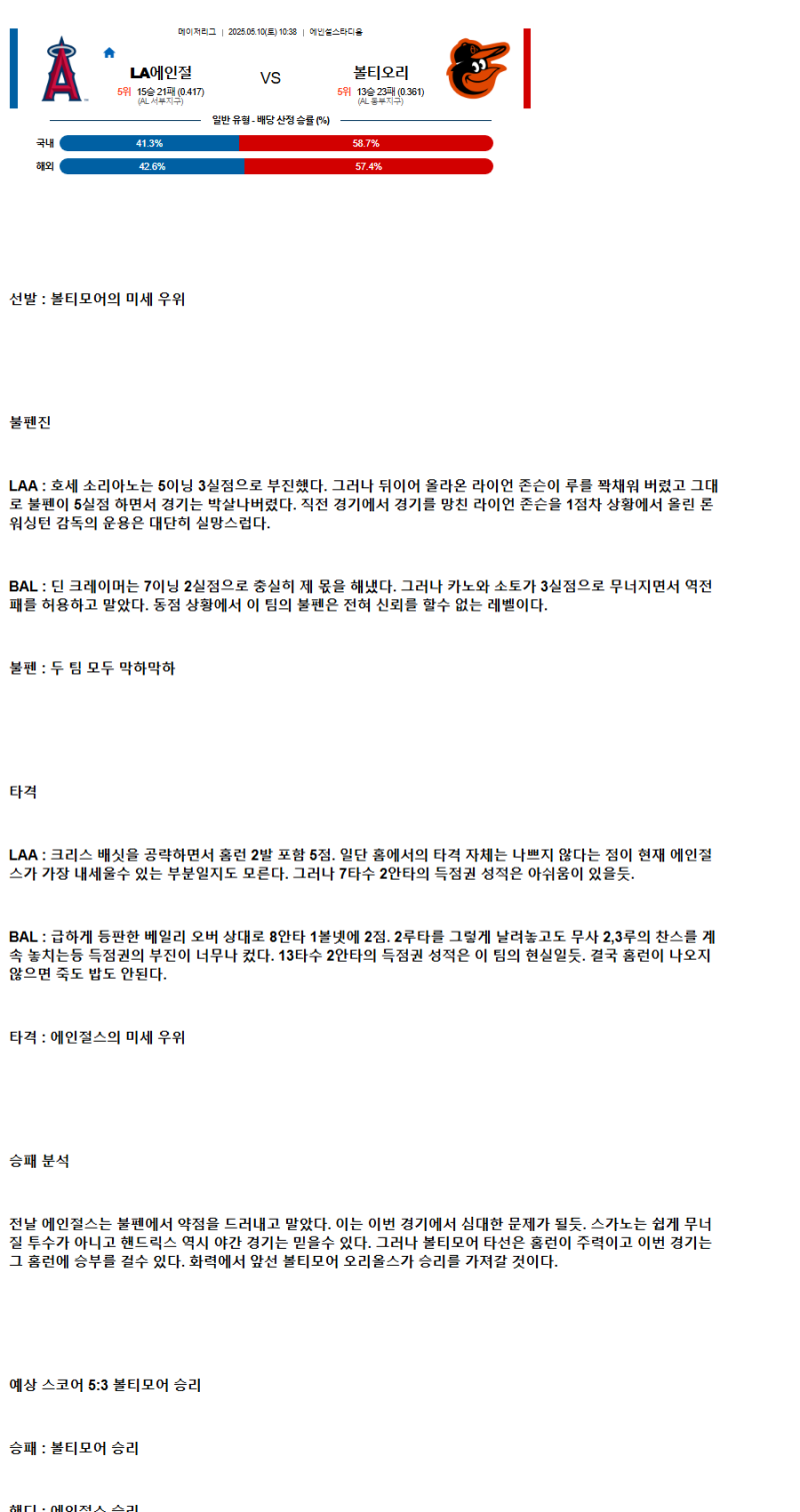 2025년 05월 10일 LA에인절스 볼티모어 미국야구 중계 및 분석 올스티비