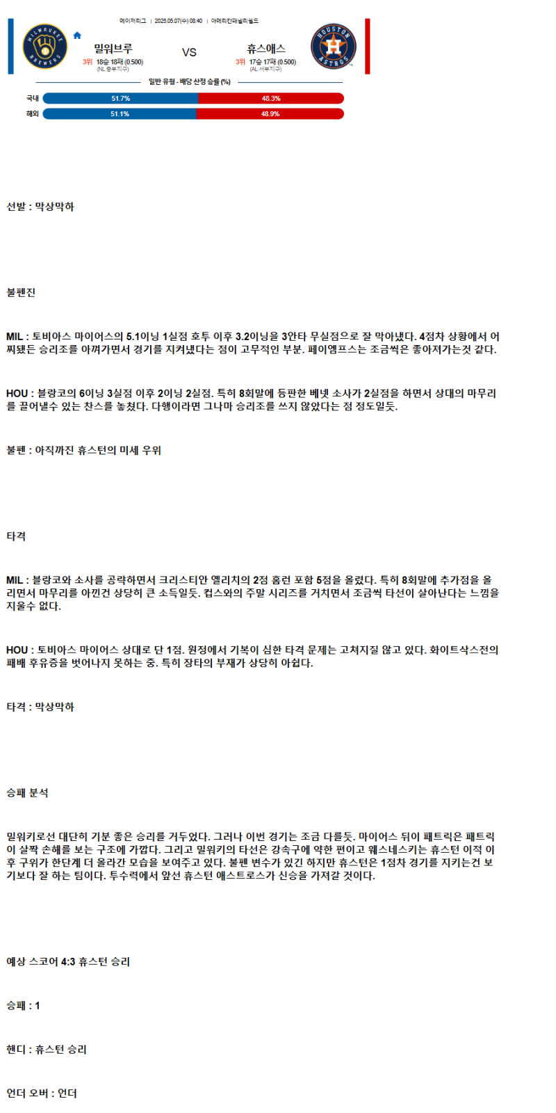 2025년 05월 07일 밀워키 휴스턴 해외야구 분석 및 중계 올스티비