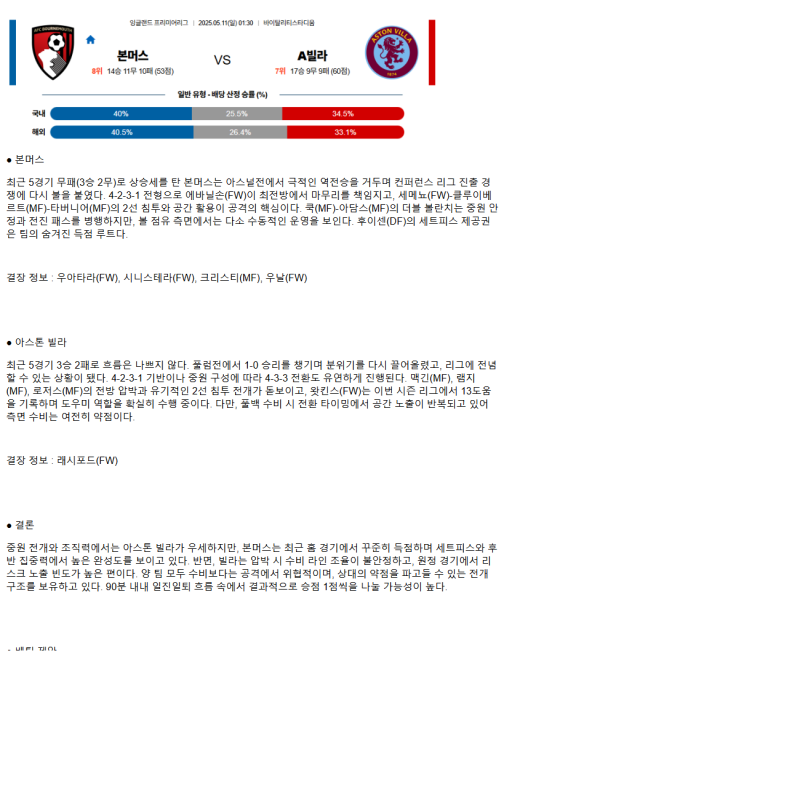 2025년 05월 11일 본머스 애스턴 빌라 해외스포츠 중계 및 분석 올스티비