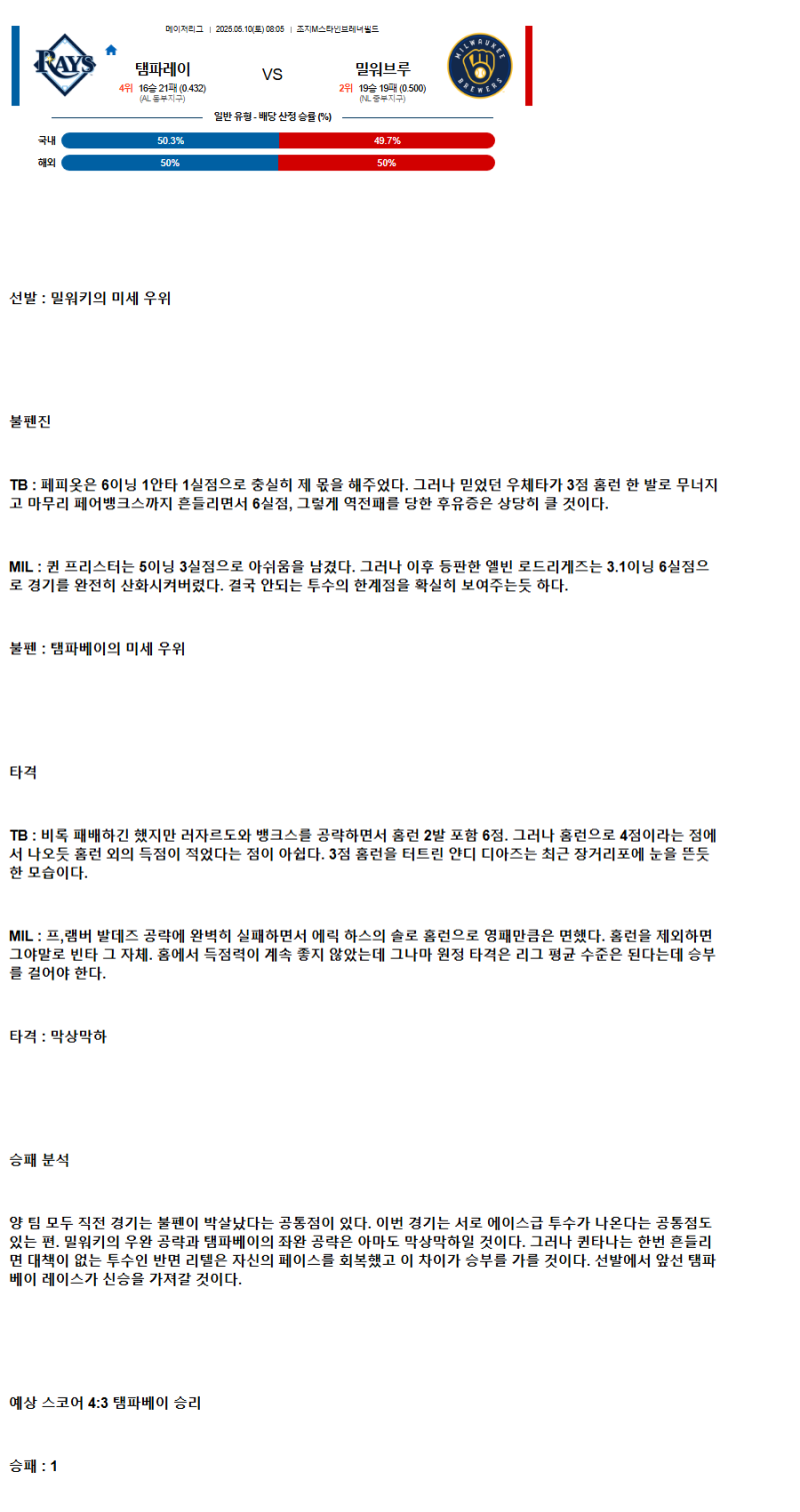 2025년 05월 10일 탬파베이 밀워키 해외야구 중계 및 분석 올스티비