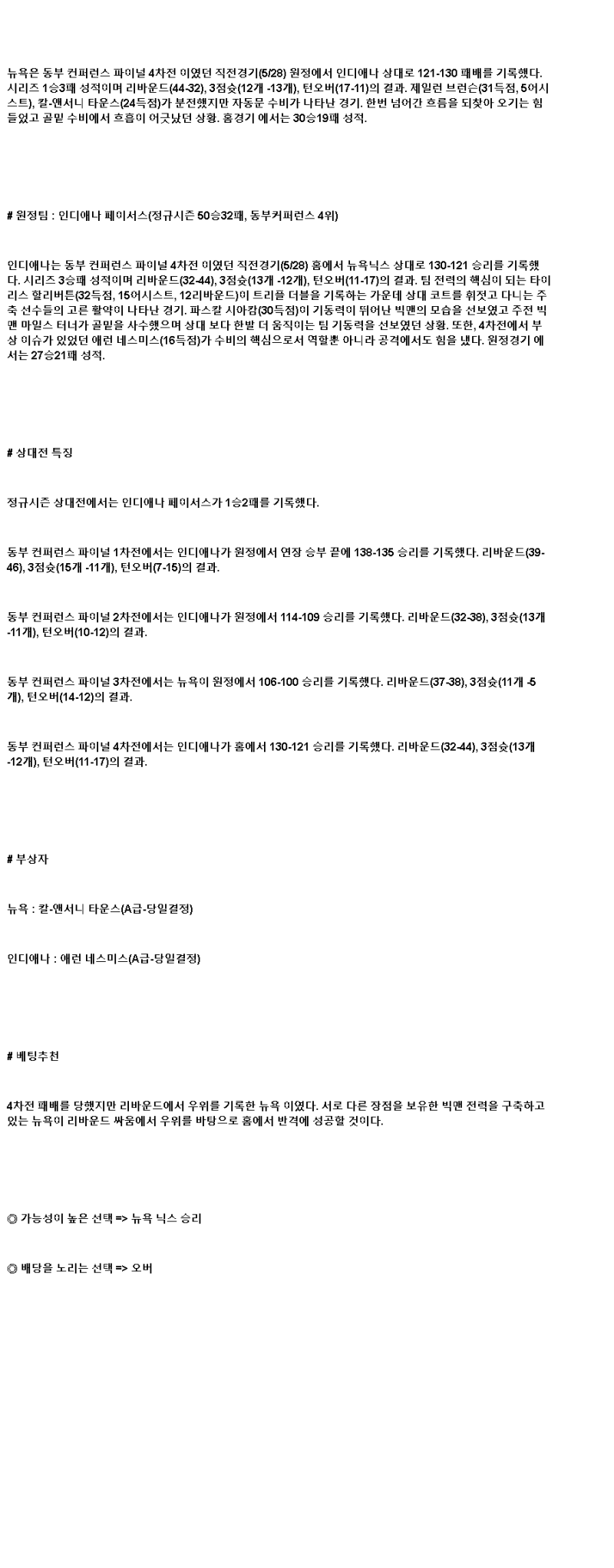 2025년 05월 30일 뉴욕 인디애나 NBA 중계 및 분석 올스티비