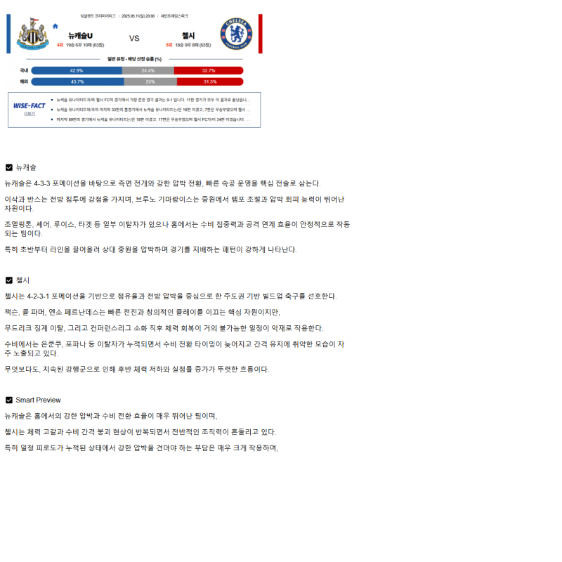2025년 05월 11일 뉴캐슬 첼시 해외축구 분석 및 중계 올스티비